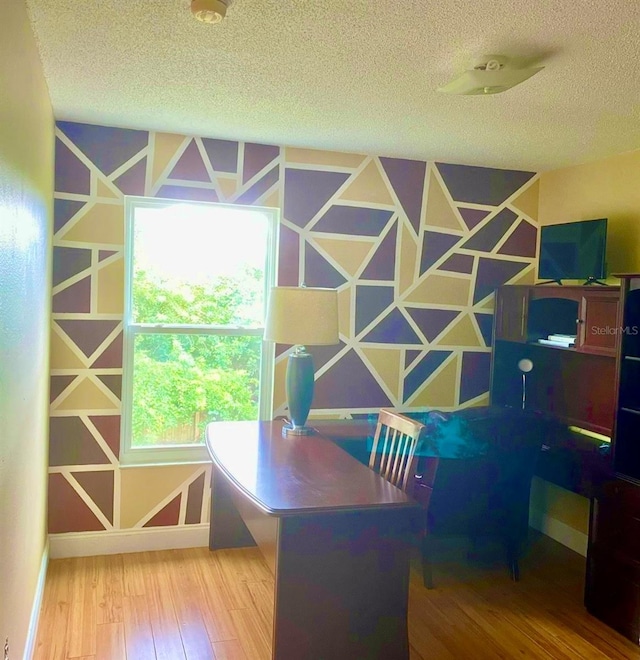 office with a textured ceiling and hardwood / wood-style flooring