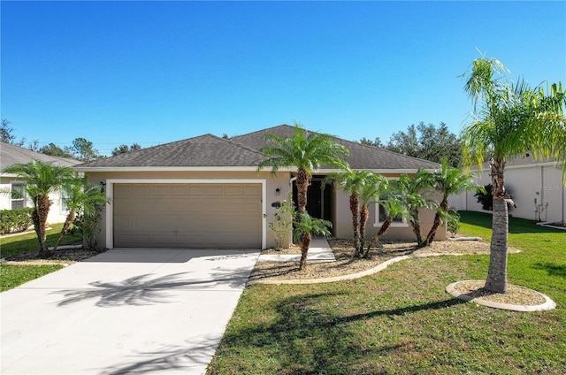 ranch-style house featuring a garage and a front lawn