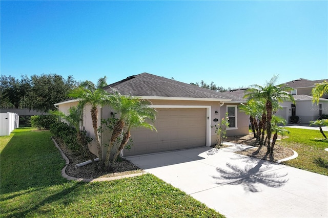 single story home featuring a front yard and a garage