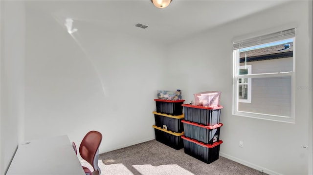 home office with light colored carpet