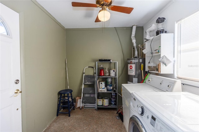 laundry area featuring carpet, crown molding, ceiling fan, separate washer and dryer, and water heater