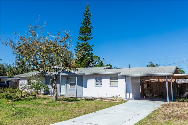 ranch-style home with a front lawn and a carport