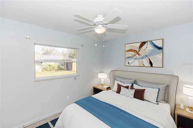 bedroom featuring ceiling fan and carpet floors