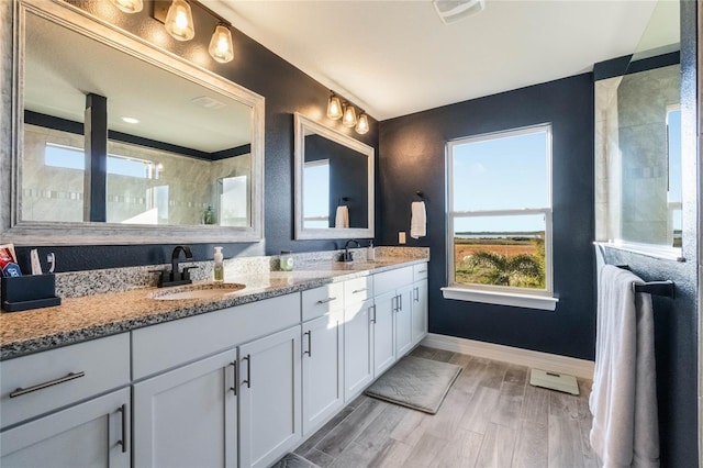 bathroom featuring vanity, wood-type flooring, and walk in shower