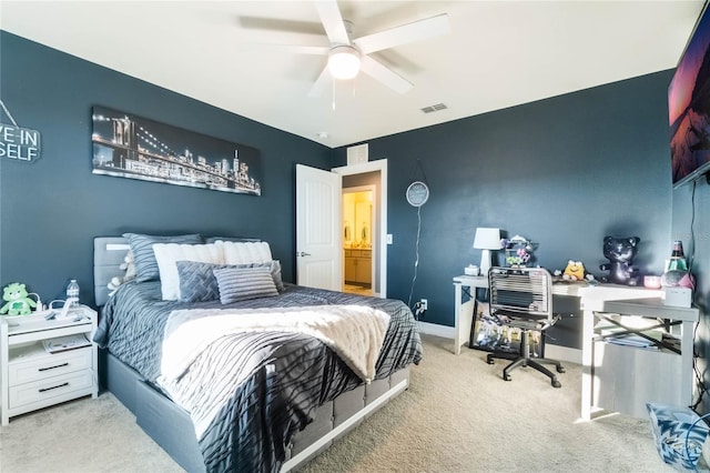 bedroom featuring ceiling fan and carpet floors