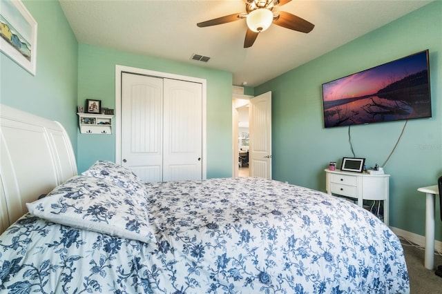 carpeted bedroom featuring ceiling fan and a closet