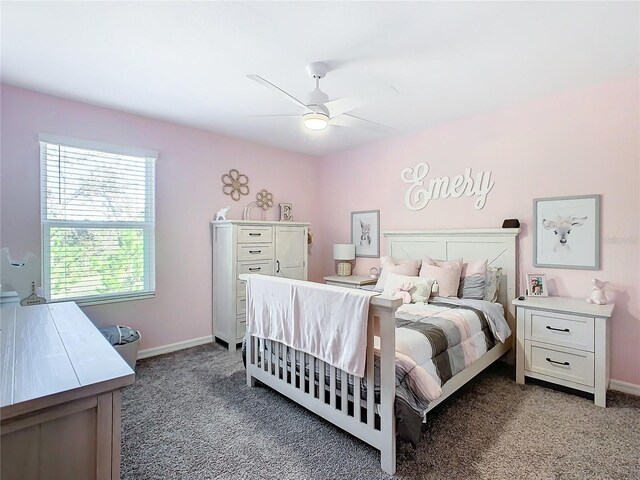 bedroom with ceiling fan and light colored carpet