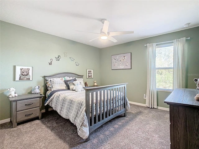 carpeted bedroom with ceiling fan