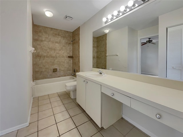 full bathroom with tile patterned flooring, ceiling fan, toilet, and tiled shower / bath combo