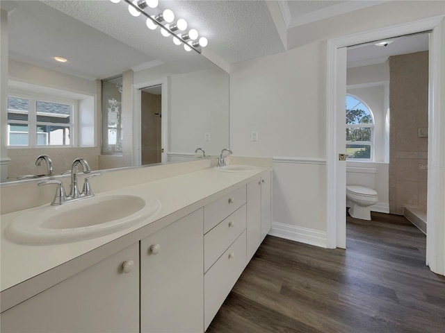 bathroom featuring hardwood / wood-style floors, vanity, a textured ceiling, and toilet