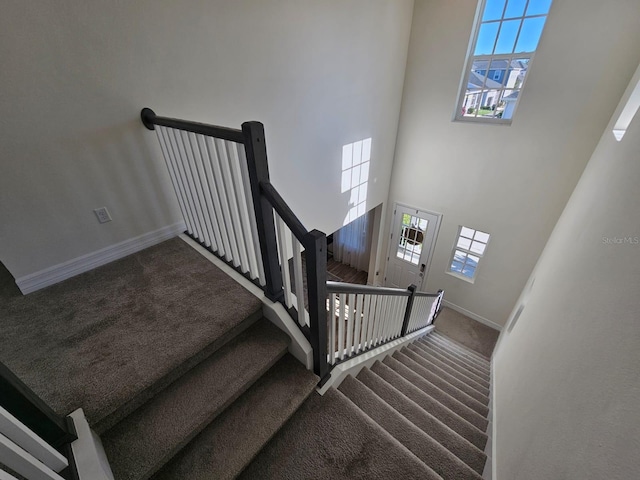 stairway with a towering ceiling, carpet floors, and a healthy amount of sunlight