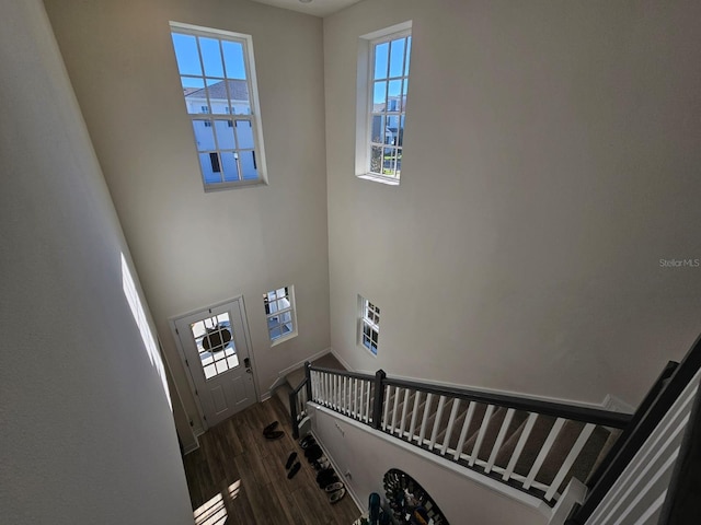 stairway with wood-type flooring and a towering ceiling