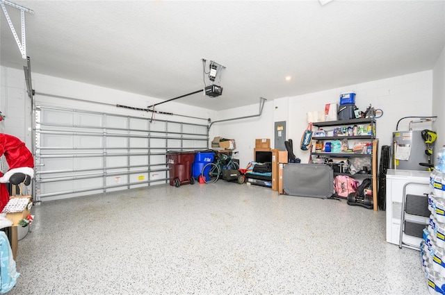 garage featuring a garage door opener, gas water heater, and electric panel