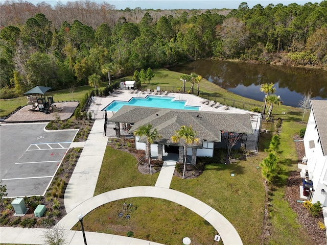 drone / aerial view featuring a water view