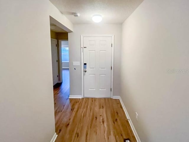 hall featuring wood-type flooring and a textured ceiling