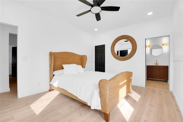 bedroom with light wood-type flooring and ceiling fan