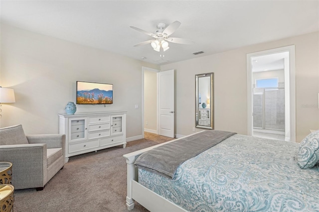 bedroom with light colored carpet and ceiling fan