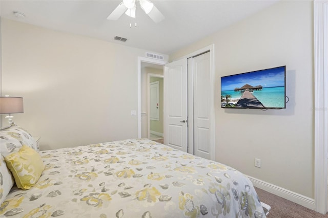 bedroom featuring carpet floors, a closet, and ceiling fan