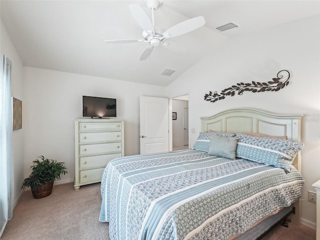 bedroom featuring ceiling fan, light colored carpet, and lofted ceiling