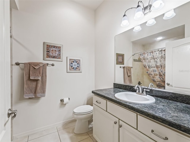 bathroom featuring tile patterned floors, vanity, toilet, and a shower with curtain