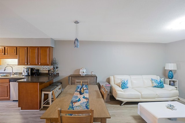 living room featuring sink and light hardwood / wood-style flooring