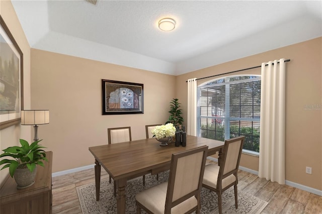 dining room with a tray ceiling and light hardwood / wood-style flooring