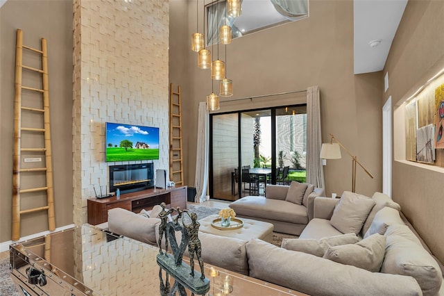 living room featuring a towering ceiling