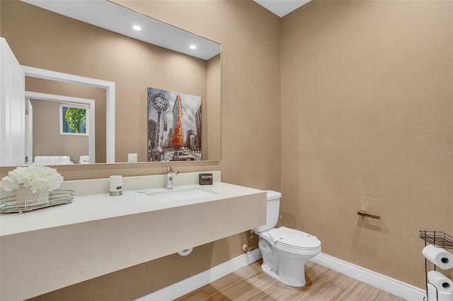 bathroom with toilet, wood-type flooring, and sink