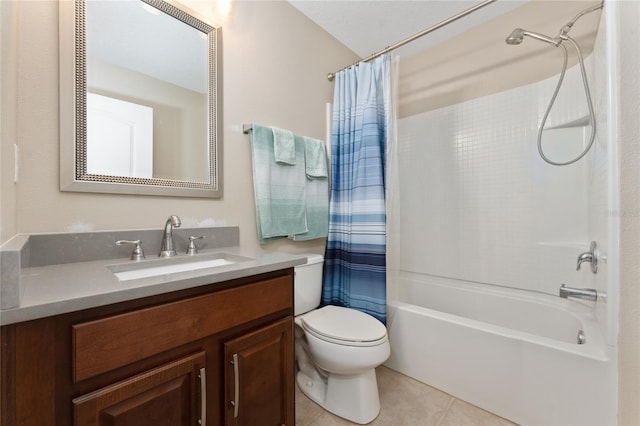 full bathroom with toilet, tile patterned floors, vanity, and shower / tub combo with curtain