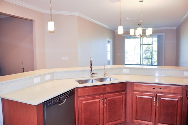 kitchen with dishwasher, a chandelier, ornamental molding, and sink