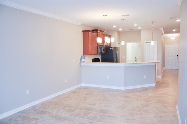 kitchen with kitchen peninsula, crown molding, decorative light fixtures, light tile patterned flooring, and appliances with stainless steel finishes