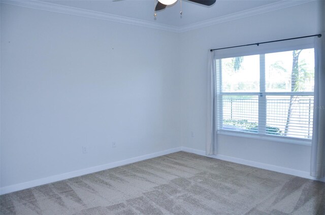 spare room with light colored carpet, a wealth of natural light, and crown molding