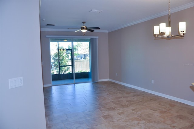 spare room with ceiling fan with notable chandelier and ornamental molding