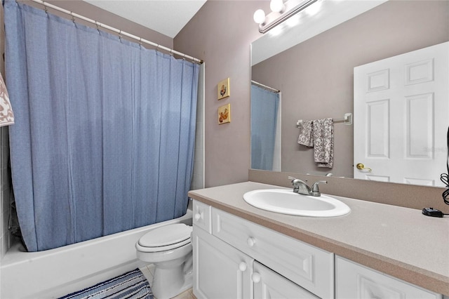 full bathroom featuring tile patterned flooring, vanity, toilet, and shower / bath combo with shower curtain