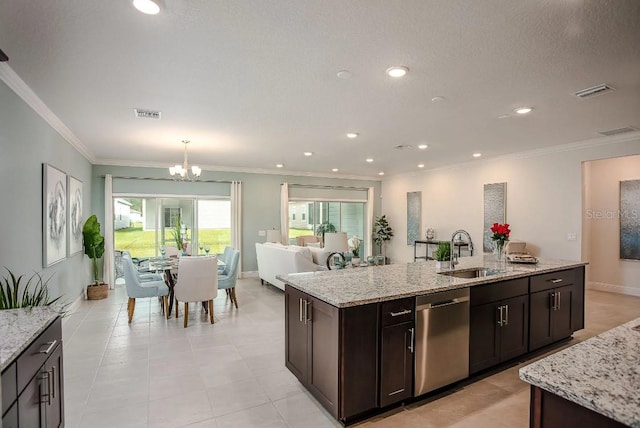 kitchen with light stone countertops, stainless steel dishwasher, ornamental molding, dark brown cabinets, and sink