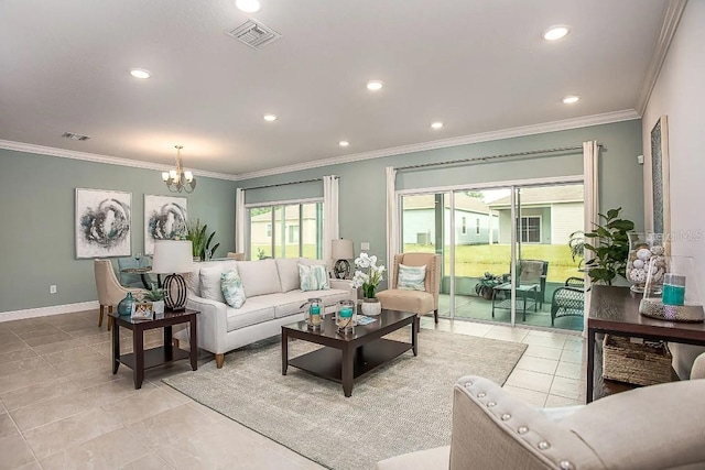 living room featuring light tile patterned floors, a notable chandelier, and ornamental molding