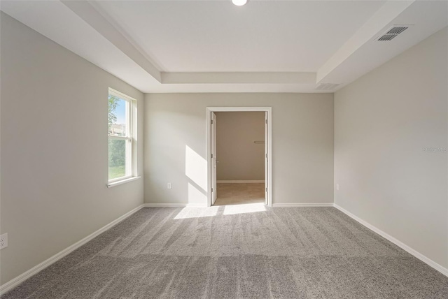 carpeted spare room with a tray ceiling