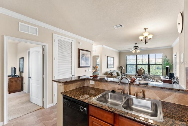 kitchen with dishwasher, light carpet, ceiling fan with notable chandelier, sink, and ornamental molding