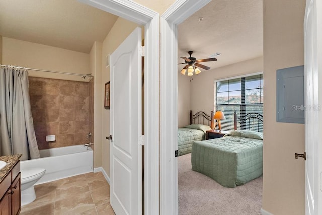 bedroom featuring ceiling fan and light colored carpet