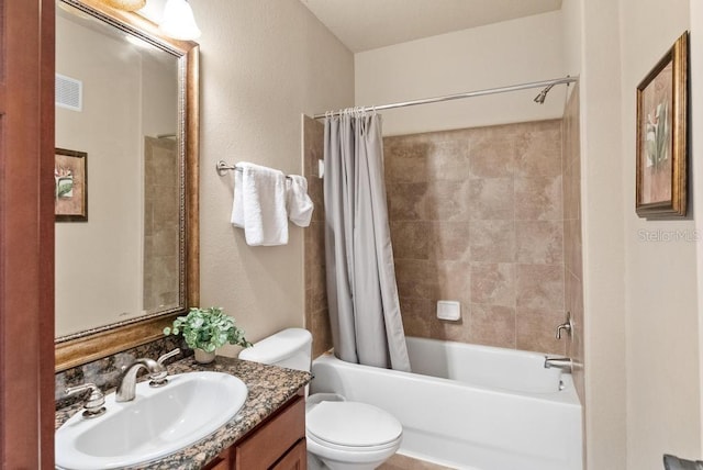 full bathroom with vanity, toilet, and shower / bathtub combination with curtain