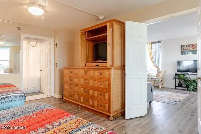 bedroom with multiple windows and wood finished floors