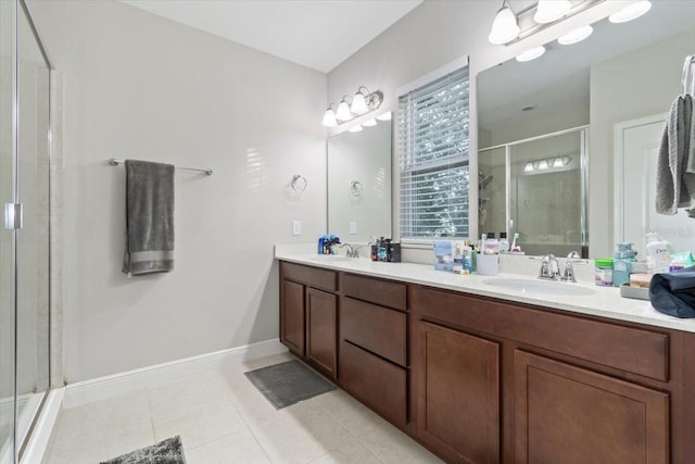 bathroom with tile patterned floors, vanity, and walk in shower