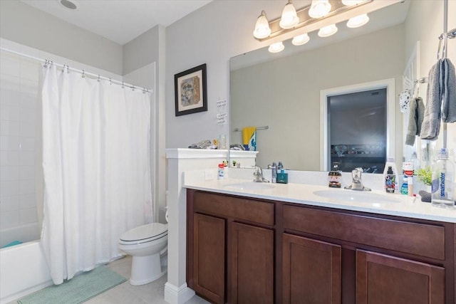 full bathroom featuring shower / bathtub combination with curtain, tile patterned flooring, vanity, and toilet