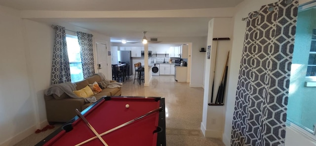 recreation room with ceiling fan and billiards