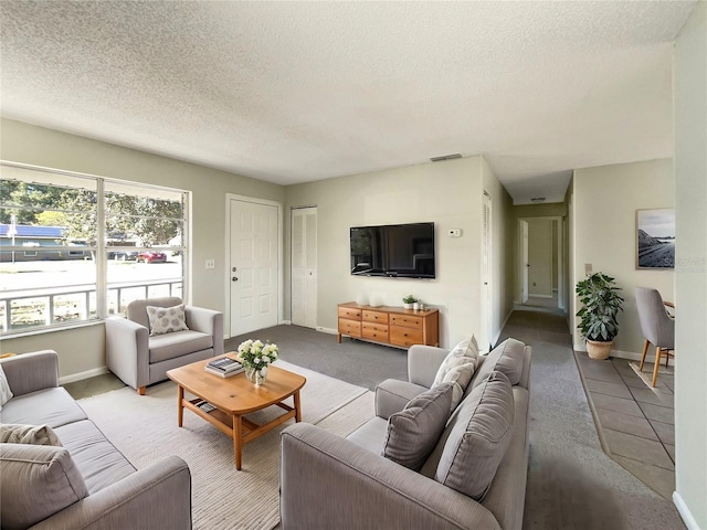 carpeted living room featuring a textured ceiling