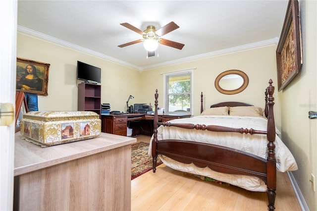 bedroom with ceiling fan, light wood-type flooring, and ornamental molding