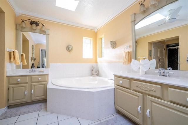 bathroom with plus walk in shower, vanity, tile patterned floors, and crown molding