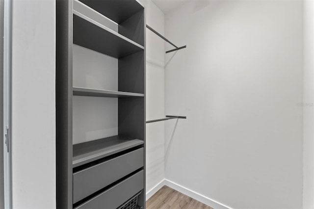 walk in closet with light hardwood / wood-style floors