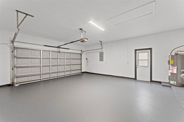 garage with electric panel, electric water heater, and a garage door opener