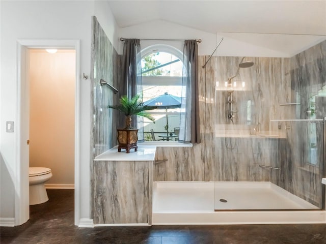 bathroom with toilet, lofted ceiling, and tiled shower